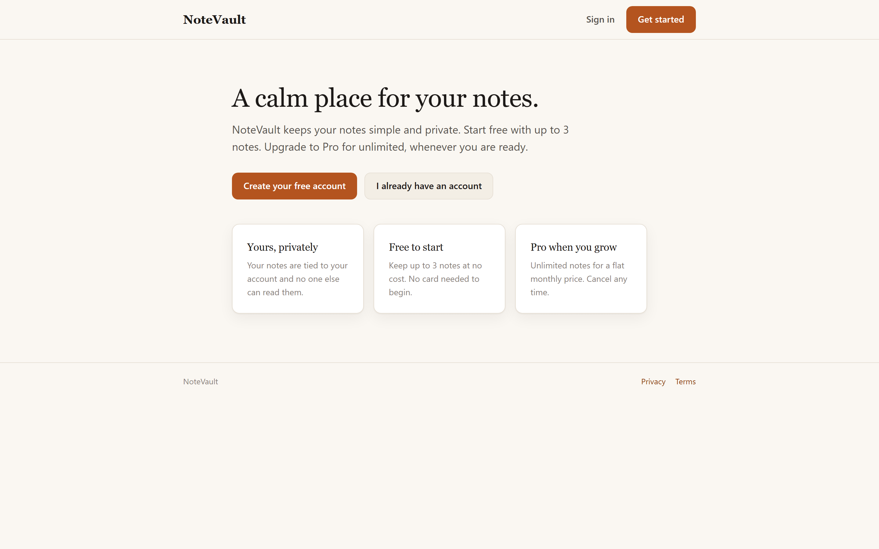 NoteVault landing page, live on Vercel