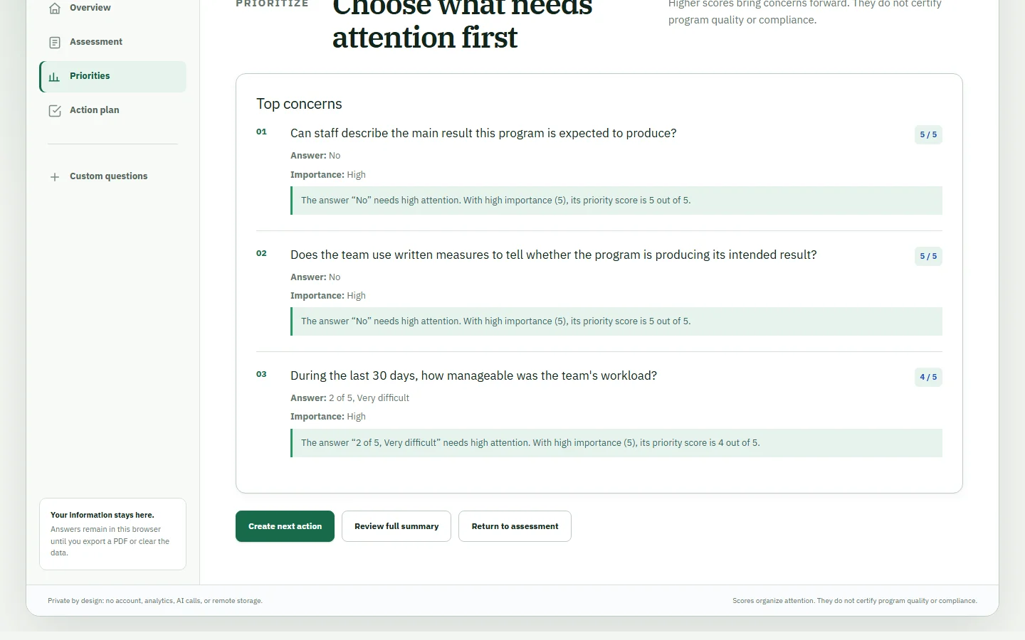 An assessment summary showing priority concerns and an assigned next action
