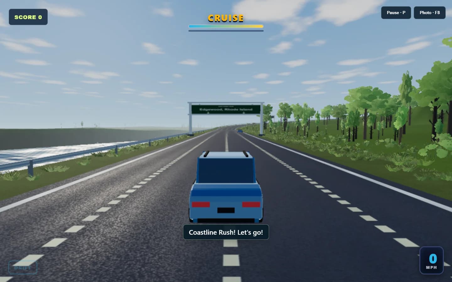 Coastline Rush's generic blue crossover on a coastal highway